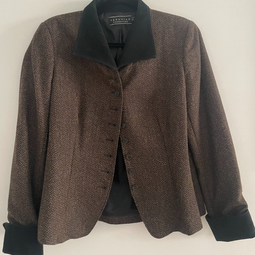 peruvian connection alpaca brown check plaid blazer jacket sz 8
